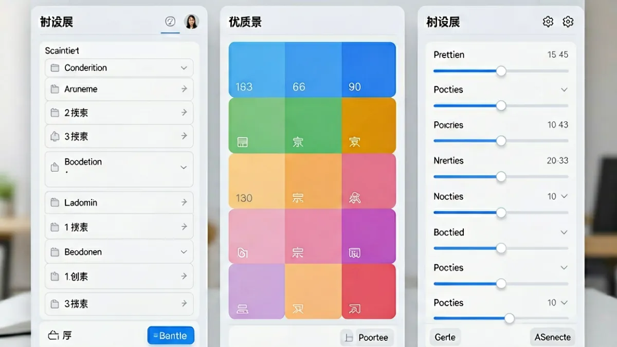 性巴克功能介绍区块：展示主界面核心模块，包括数据面板、色块预览和参数调节区